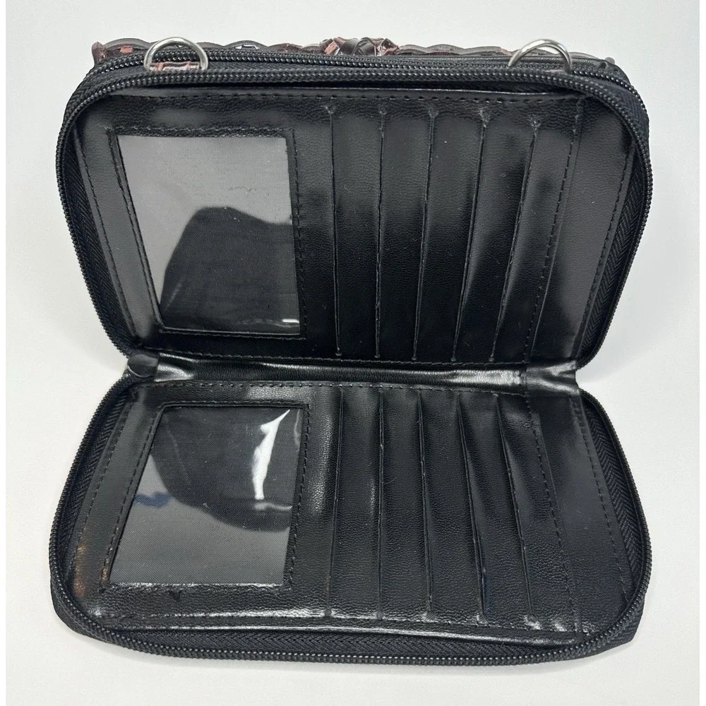 Western Crossbody Wallet Clutch Faux Croc Woven Leather Look Silver Heart Medusa